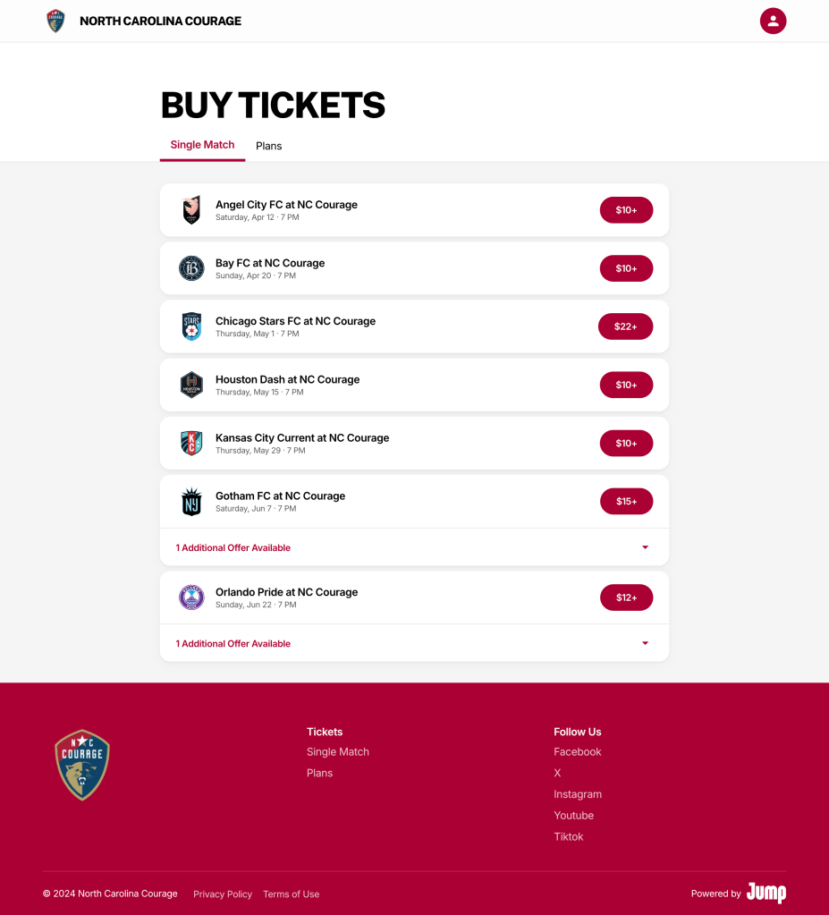 Web "Buy Tickets" in the new NC Courage ticketing platform online